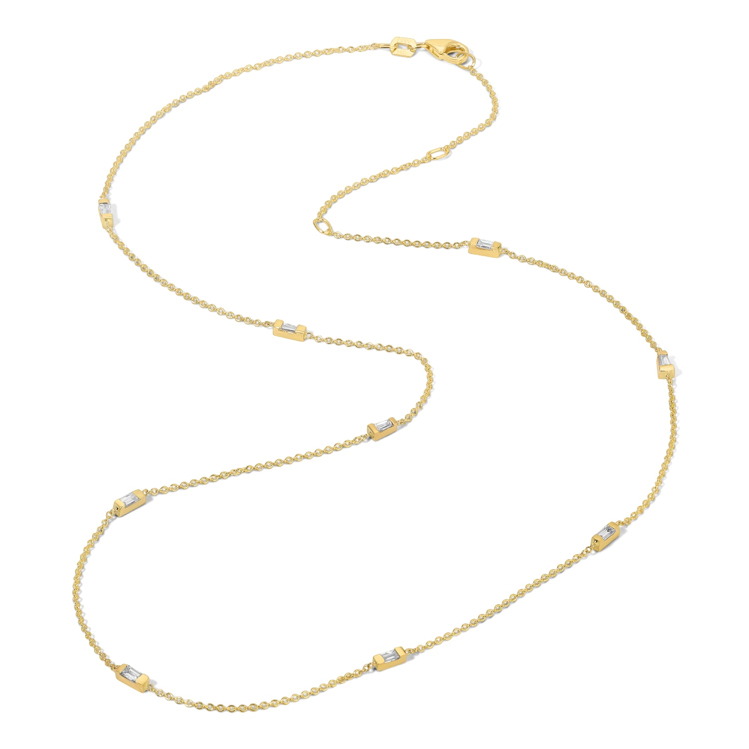 Mixed Baguette Cut Diamond Station Necklace in Yellow Gold Full Veiw