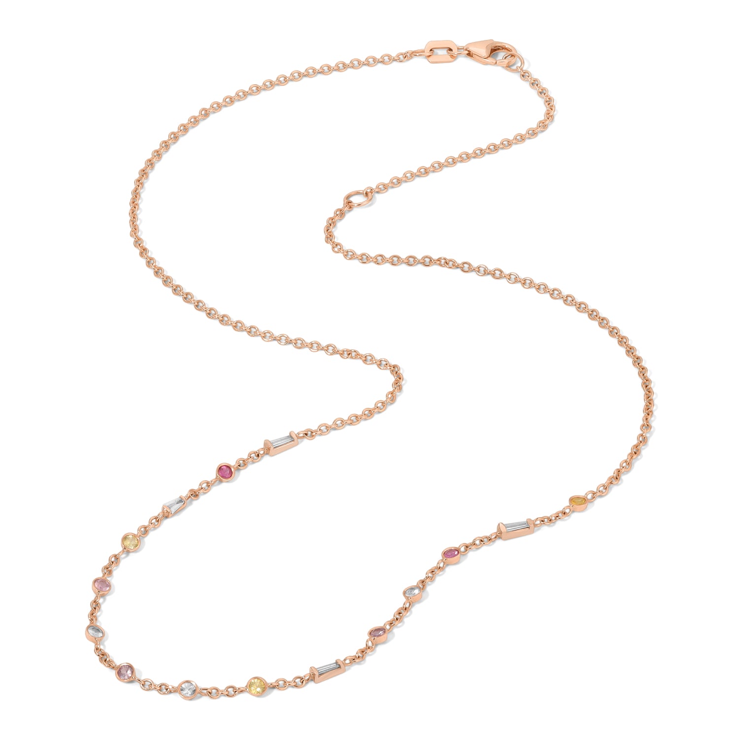 Multicolor Sapphire and Diamond Station Necklace in Rose Gold Full View