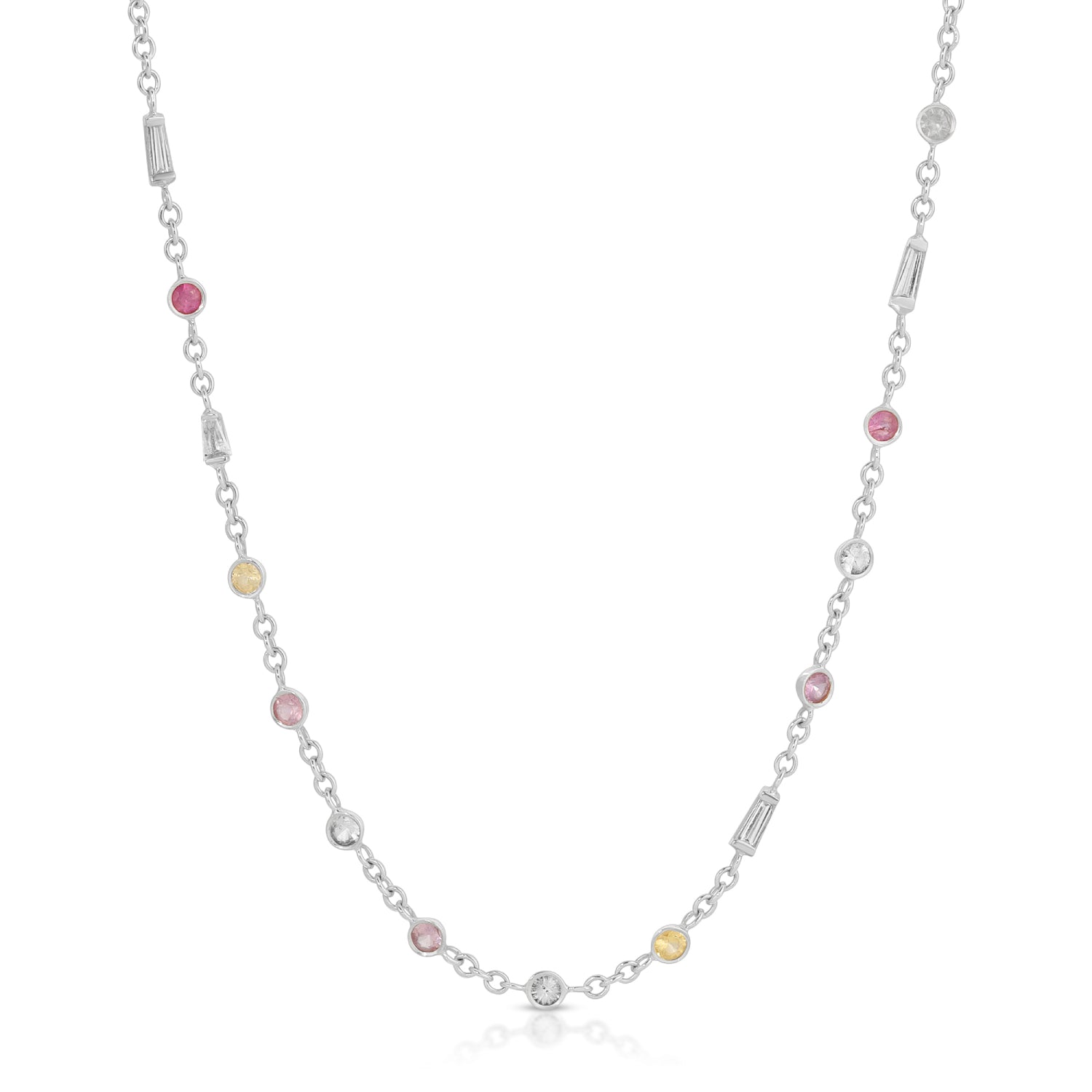 Multicolor Sapphire and Diamond Station Necklace in White Gold