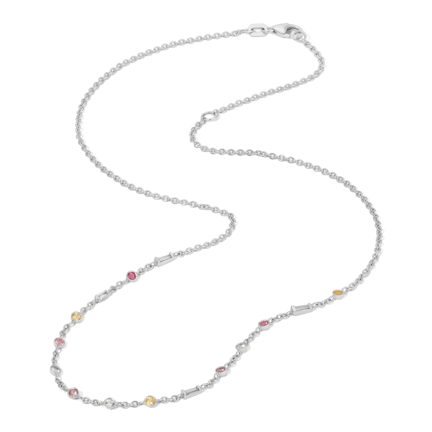 Multicolor Sapphire and Diamond Station Necklace in White Gold Full View