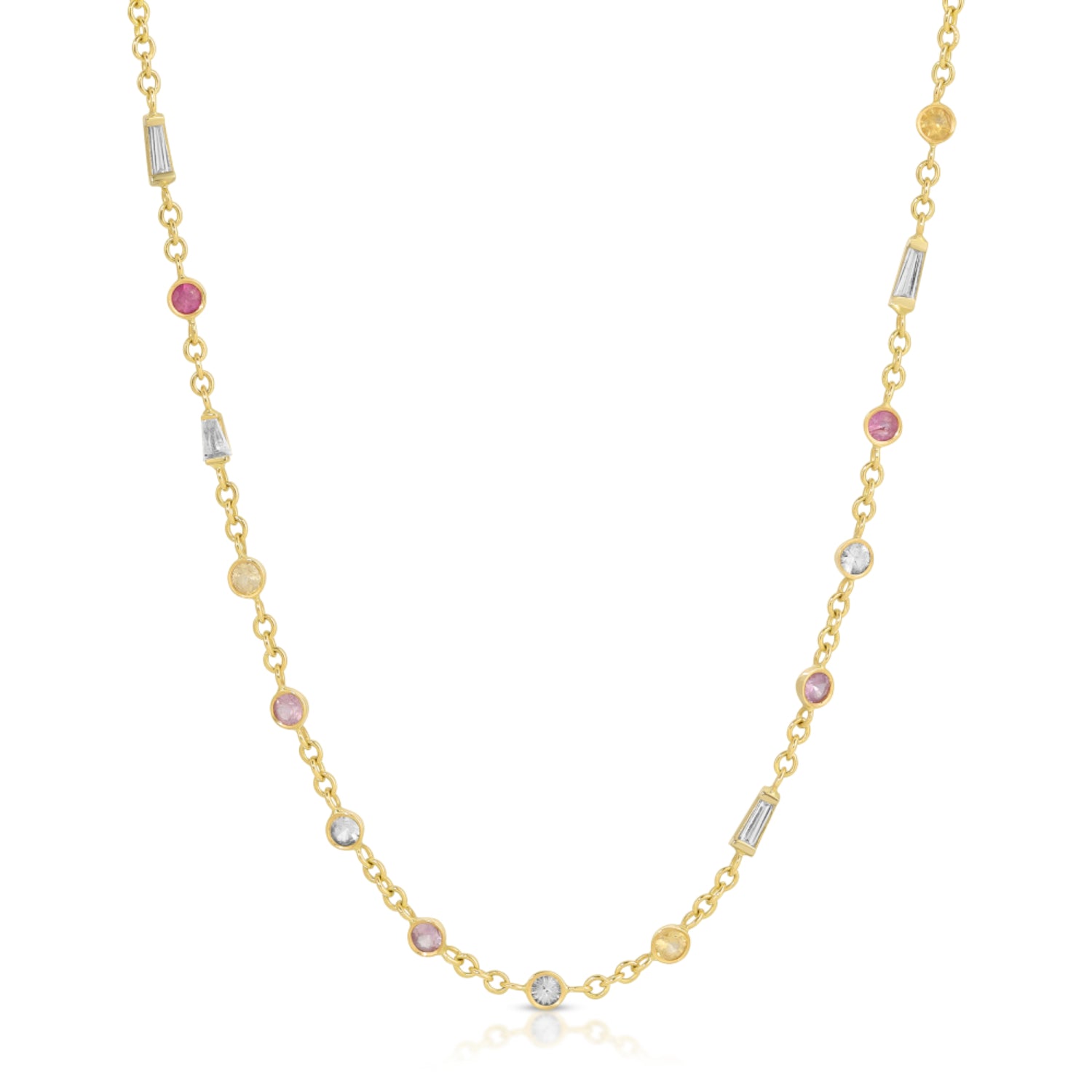 Multicolor Sapphire and Diamond Station Necklace in Yellow Gold