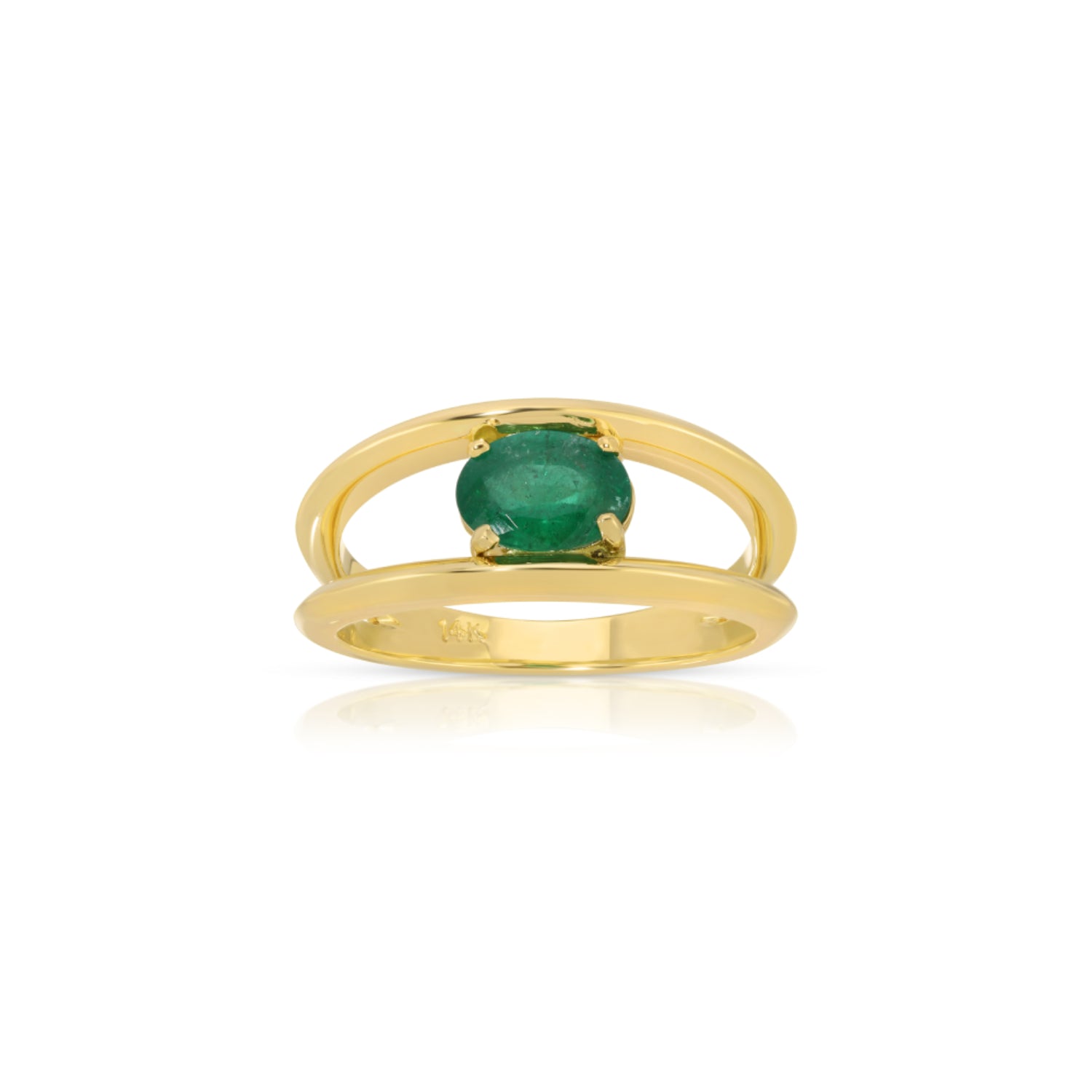 Oval Cut Emerald Split Shank Ring in Yellow Gold