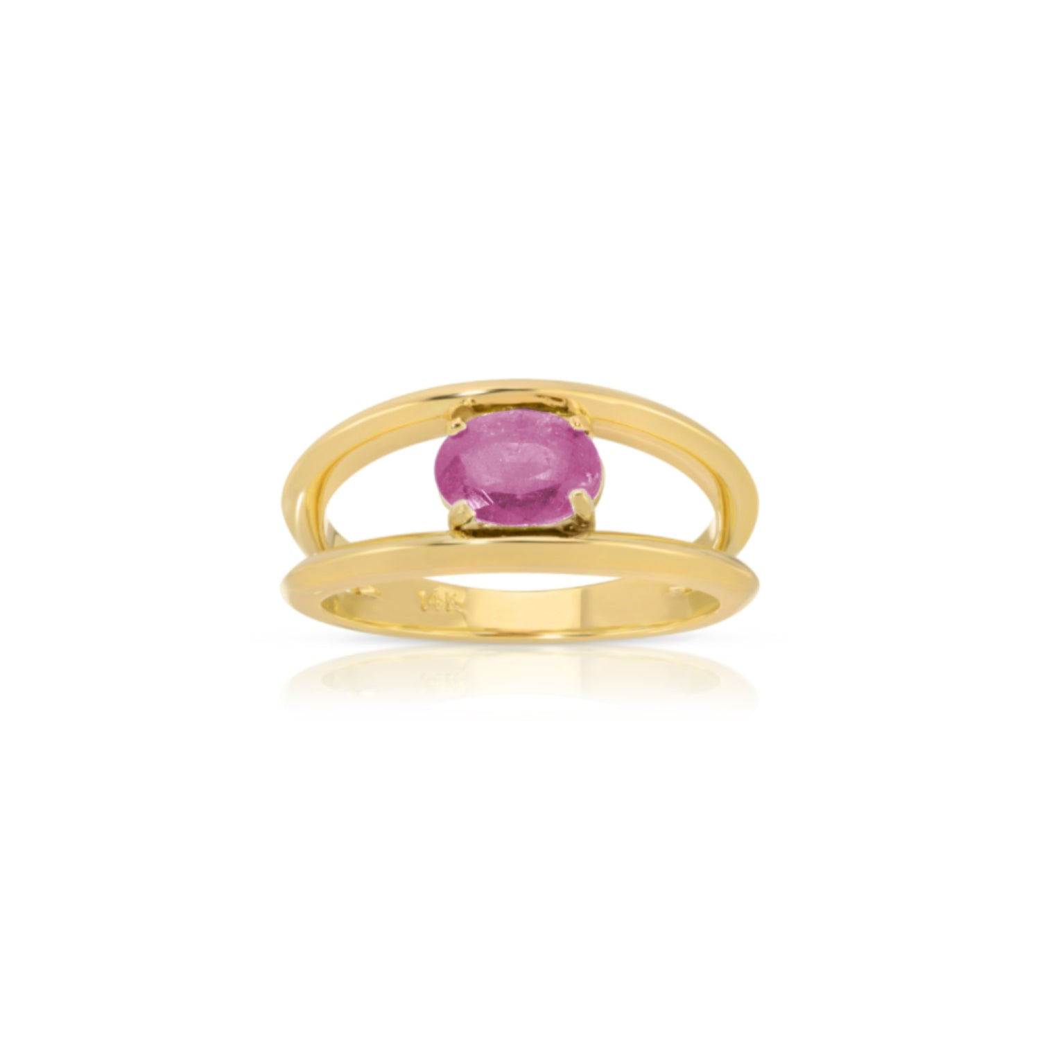 Oval Cut Pink Sapphire Split Shank Ring in Yellow Gold