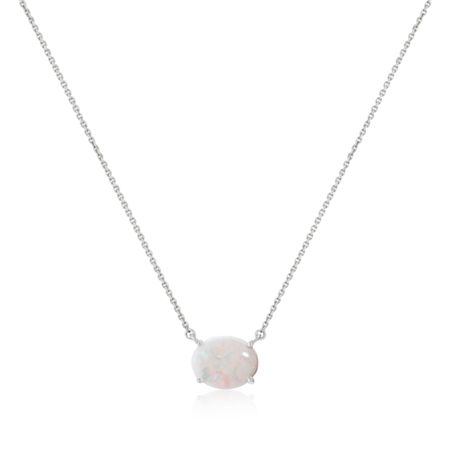 Oval Cut White Opal East-West Solitaire Necklace in White Gold