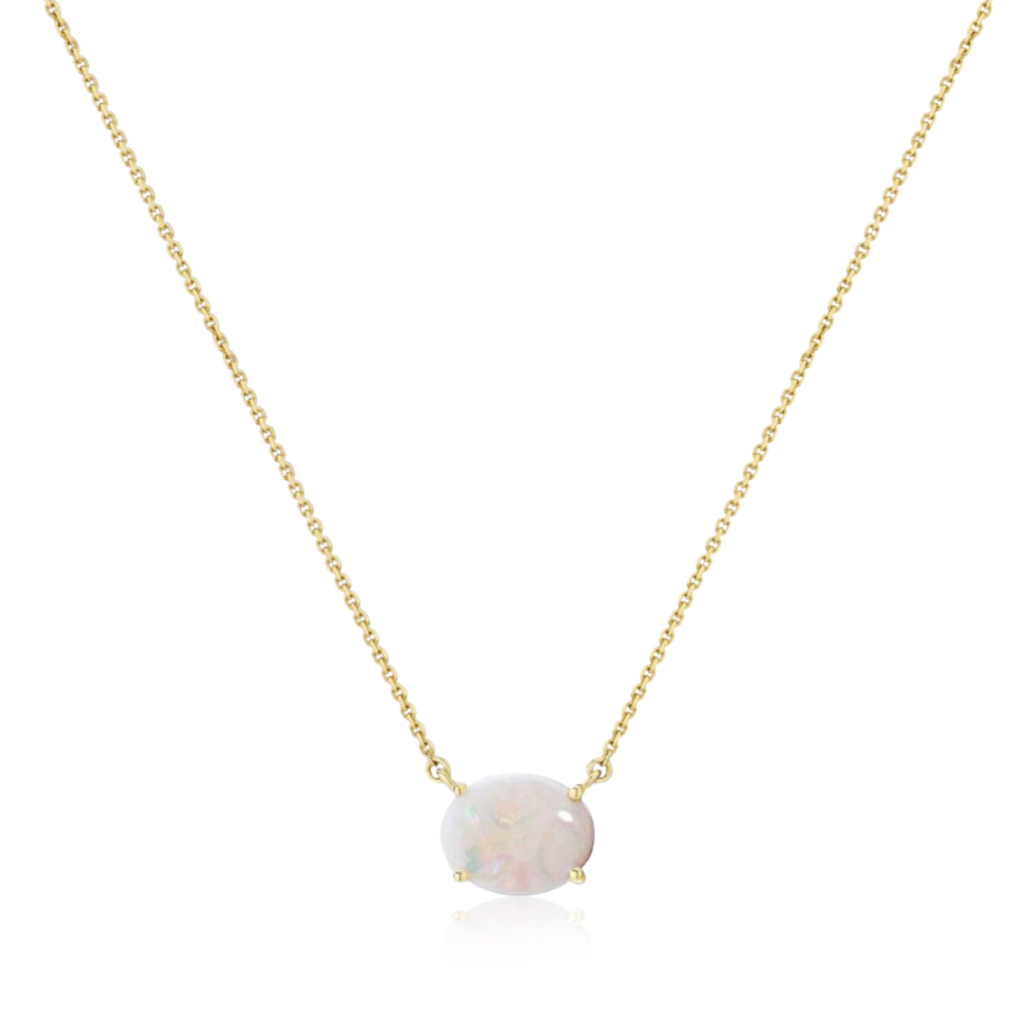 Oval Cut White Opal East-West Solitaire Necklace in Yellow Gold