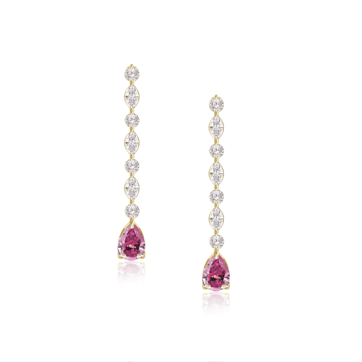 Pink Sapphire and Diamond Drop Earrings in Yellow Gold
