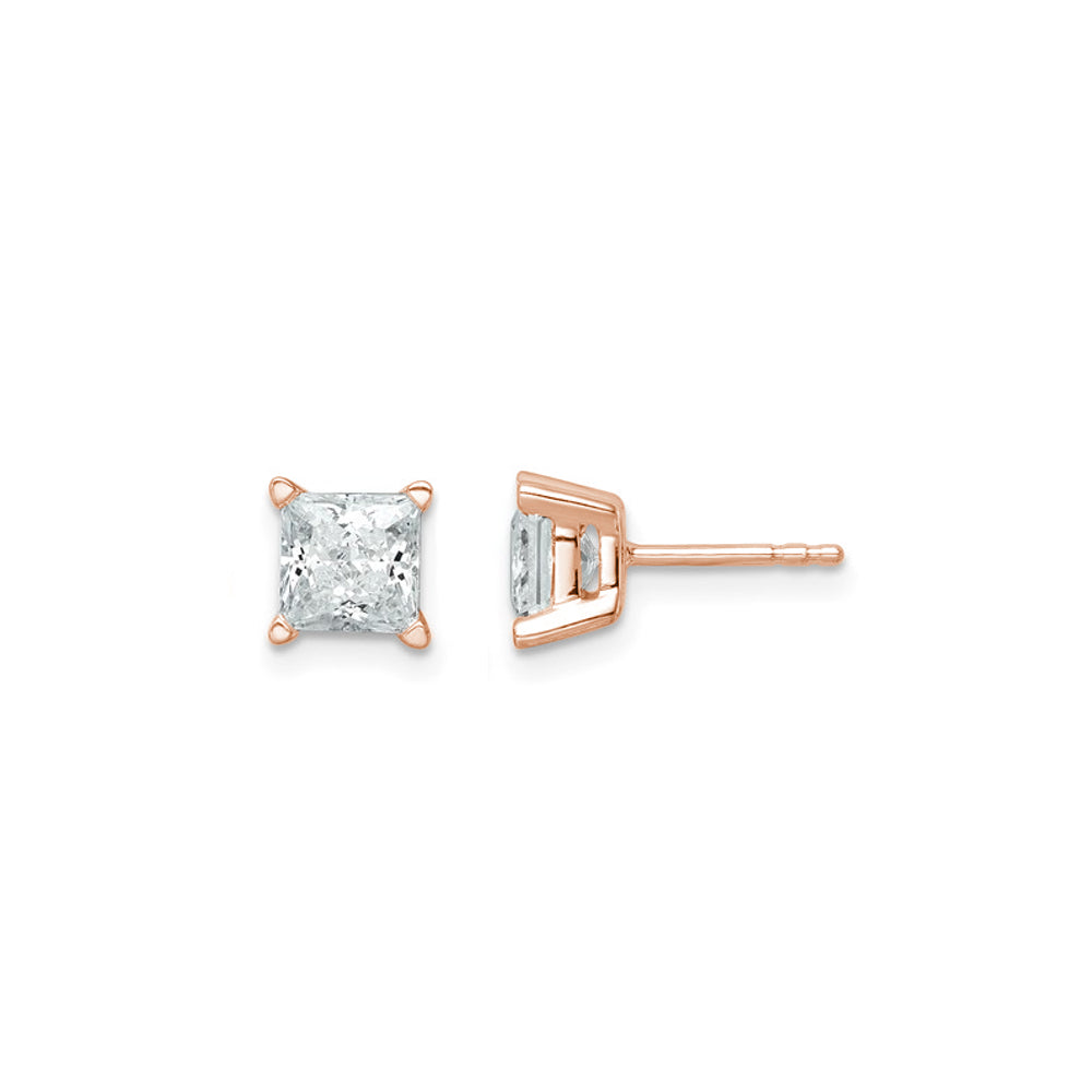 Princess Cut Diamond Basket Stud Earrings in Rose Gold