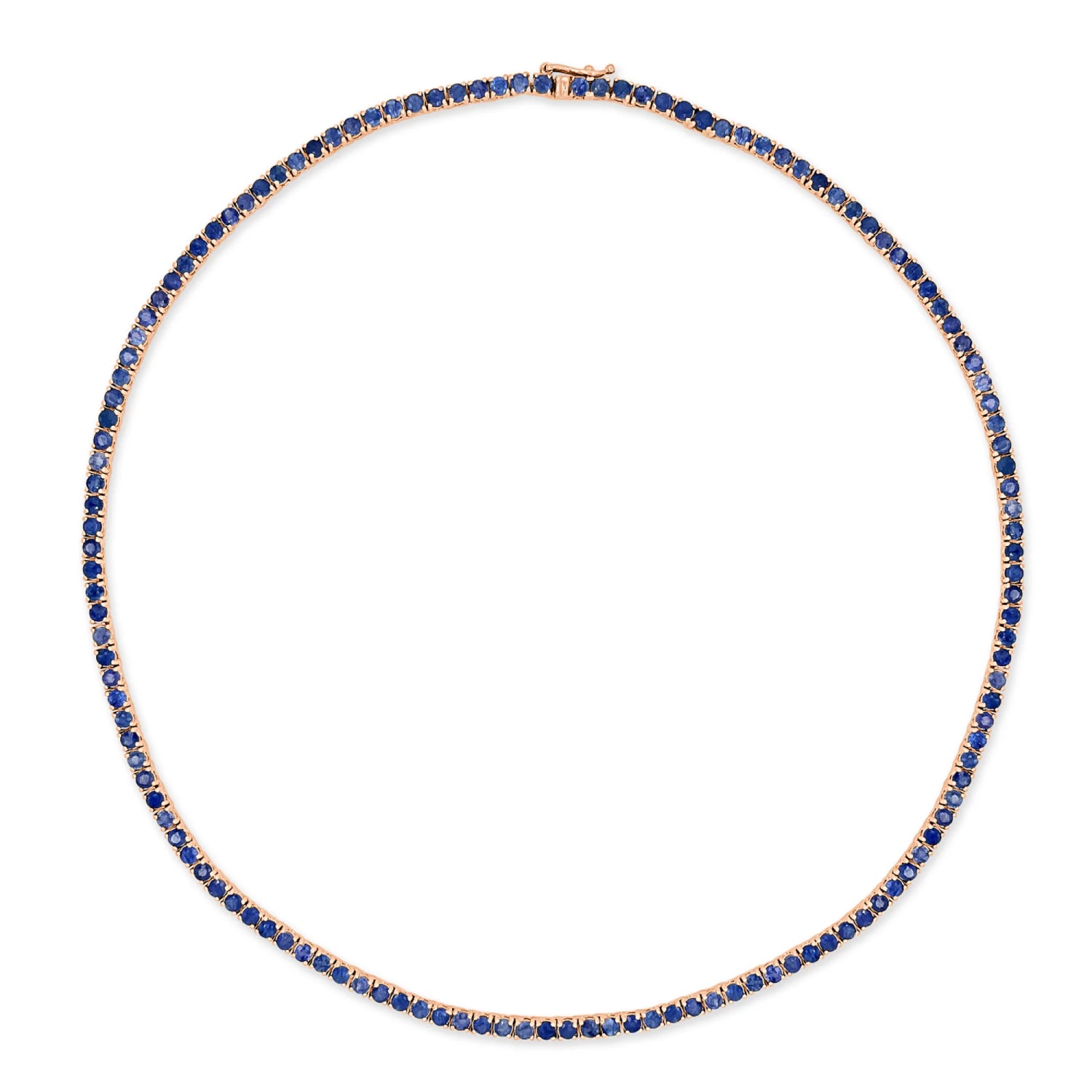 Round Cut Blue Sapphire Tennis Necklace in Rose Gold Full View