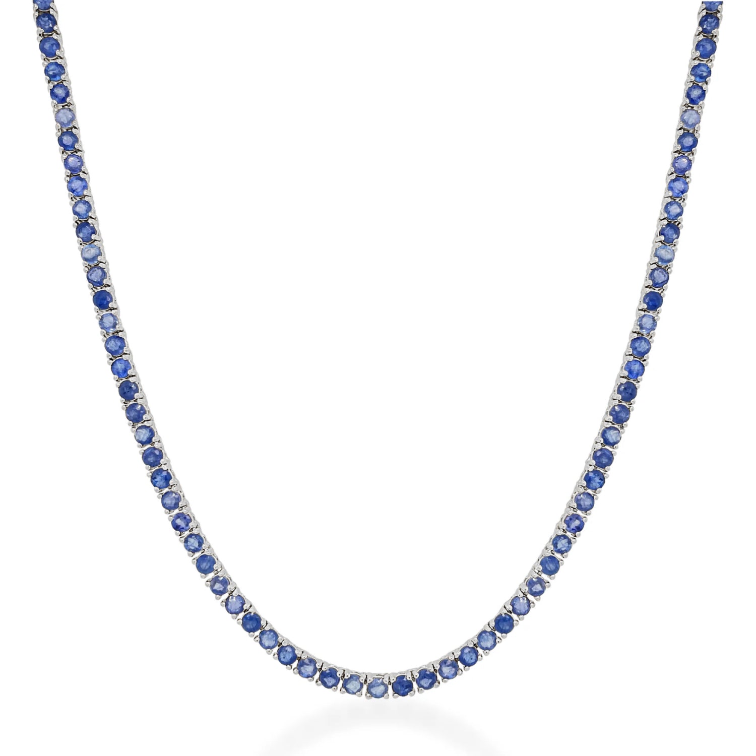 Round Cut Blue Sapphire Tennis Necklace in White Gold