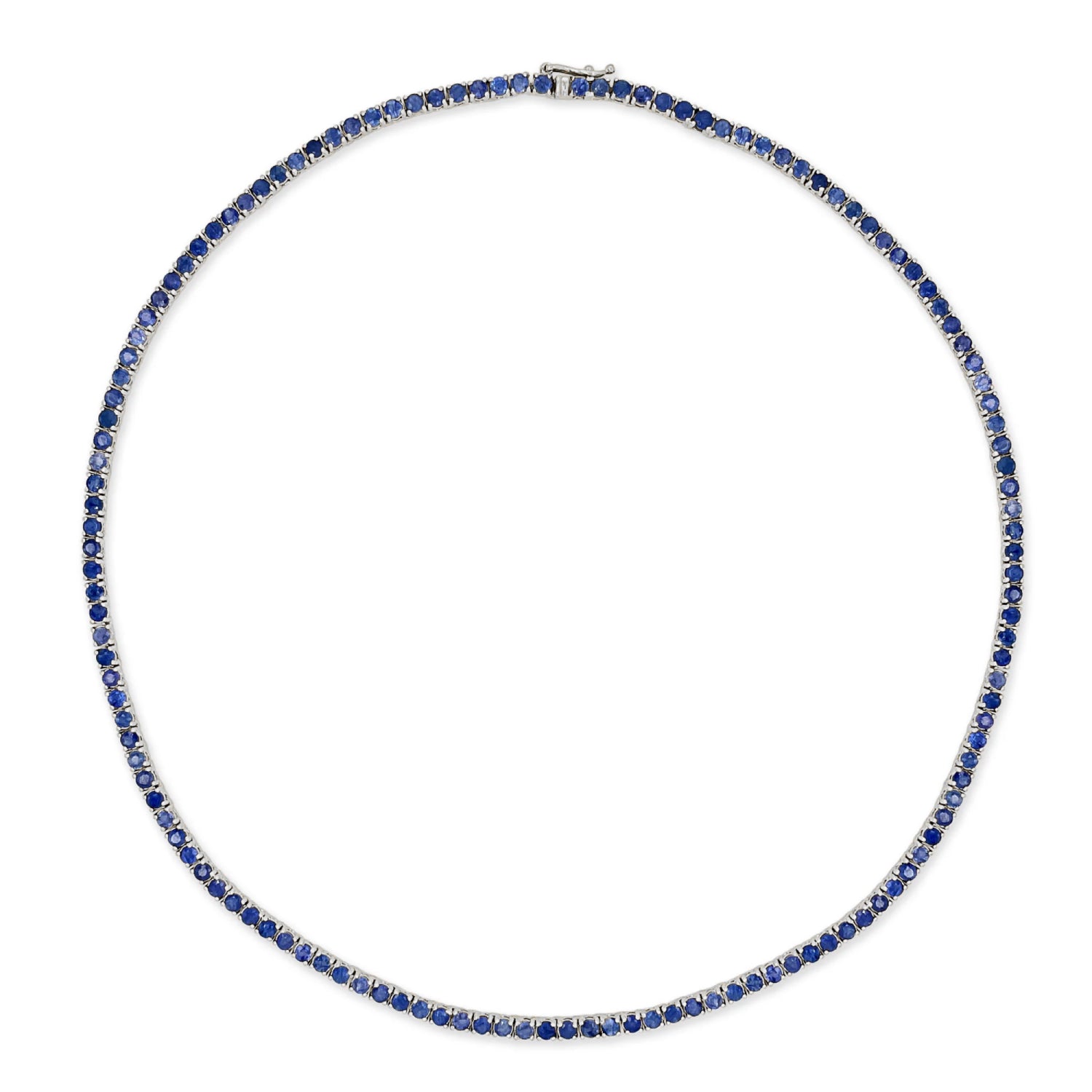 Round Cut Blue Sapphire Tennis Necklace in White Gold Full View