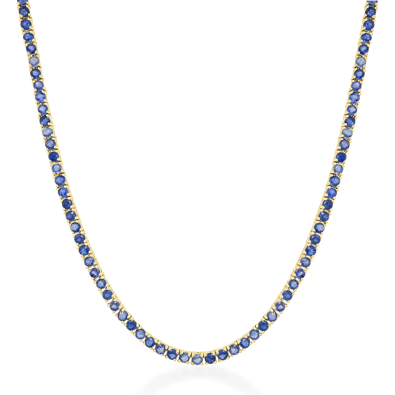 Round Cut Blue Sapphire Tennis Necklace in Yellow Gold