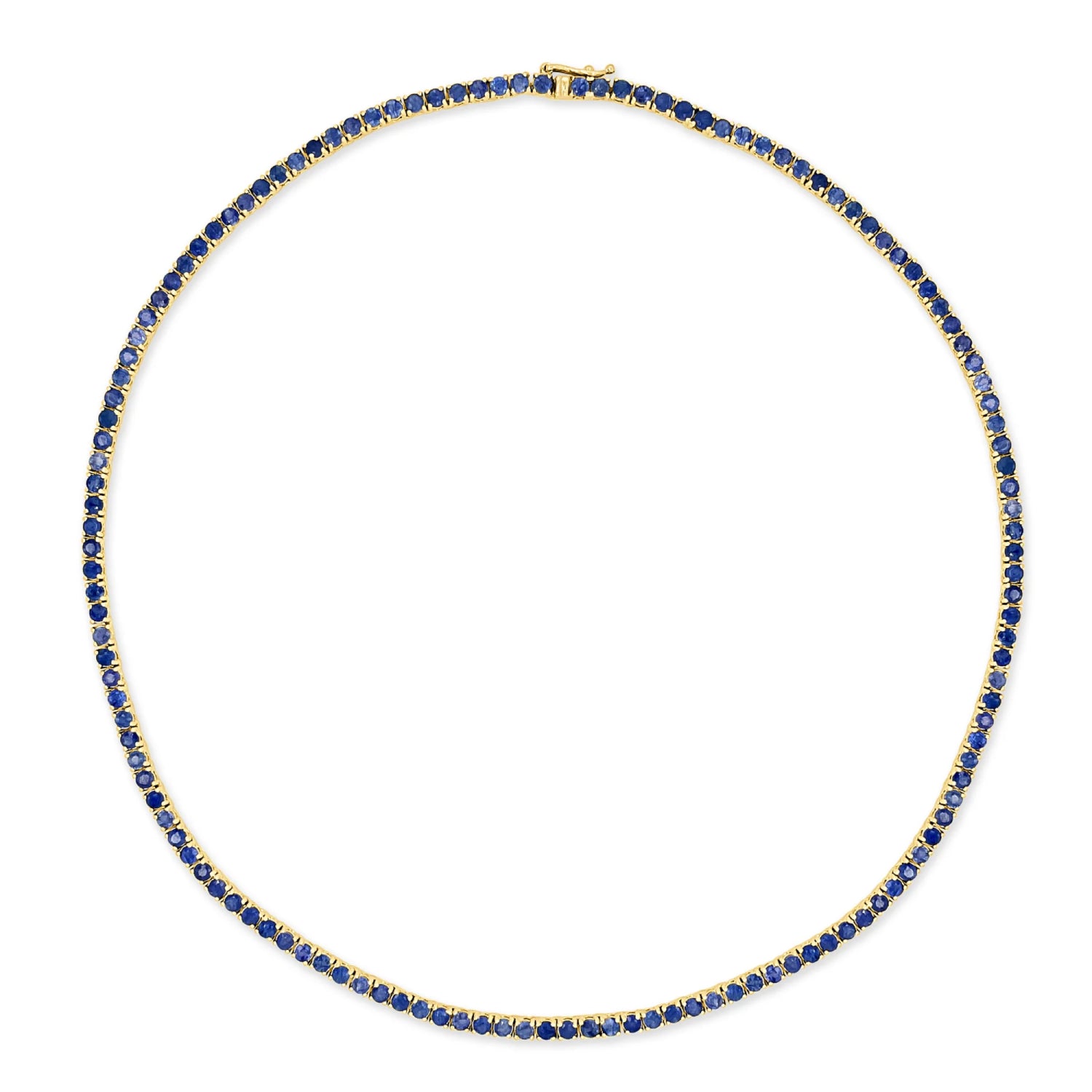 Round Cut Blue Sapphire Tennis Necklace in Yellow Gold Full View