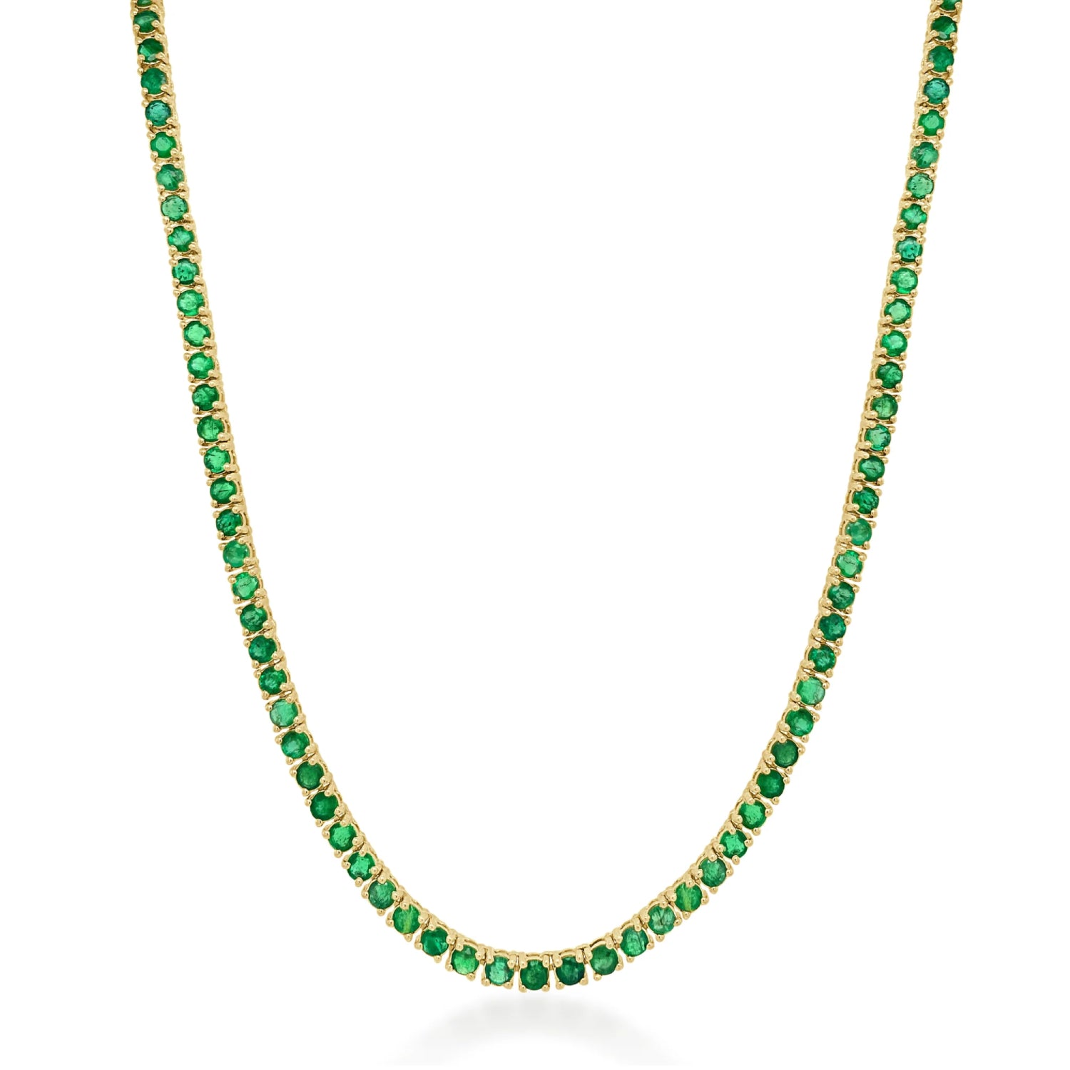 Round Cut Emerald Tennis Necklace in Yellow Gold