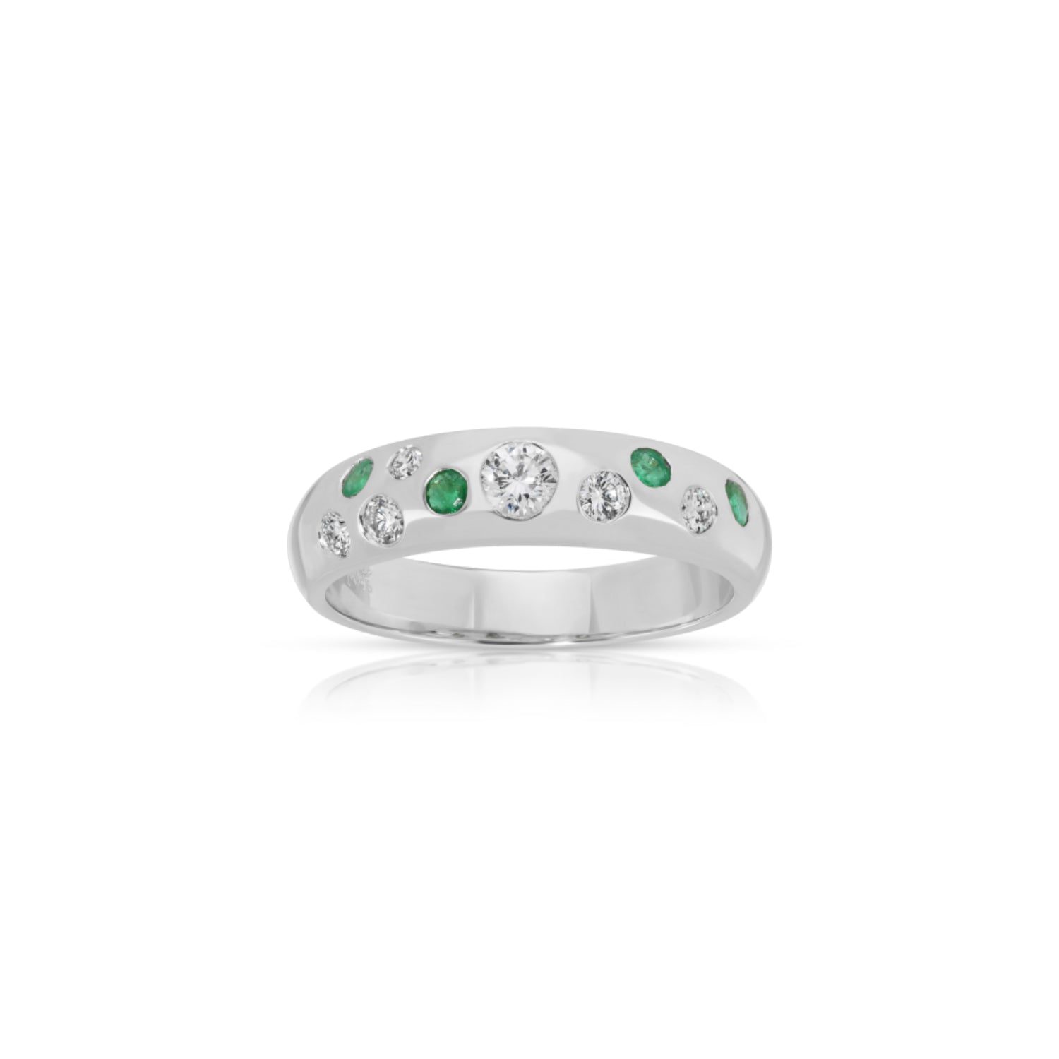 Round Cut Emerald and Diamond Dome Ring in White Gold