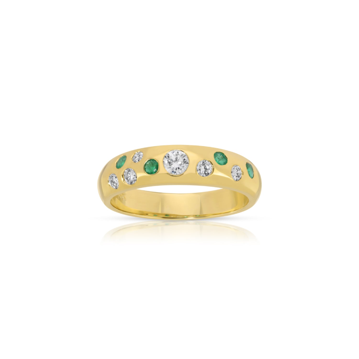 Round Cut Emerald and Diamond Dome Ring in Yellow Gold