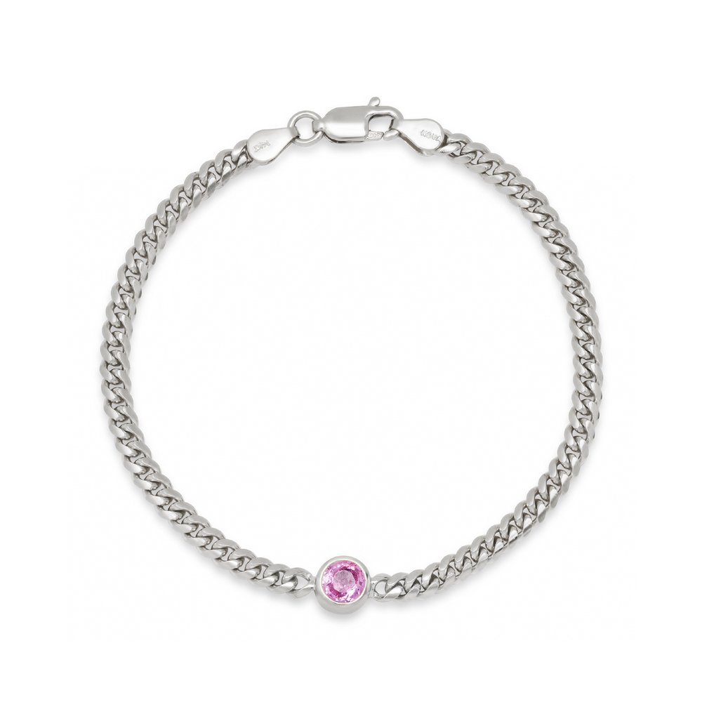 Round Cut Pink Sapphire Semi-Solid Gold Curb Bracelet in White Gold