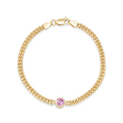 Round Cut Pink Sapphire Semi-Solid Gold Curb Bracelet in Yellow Gold