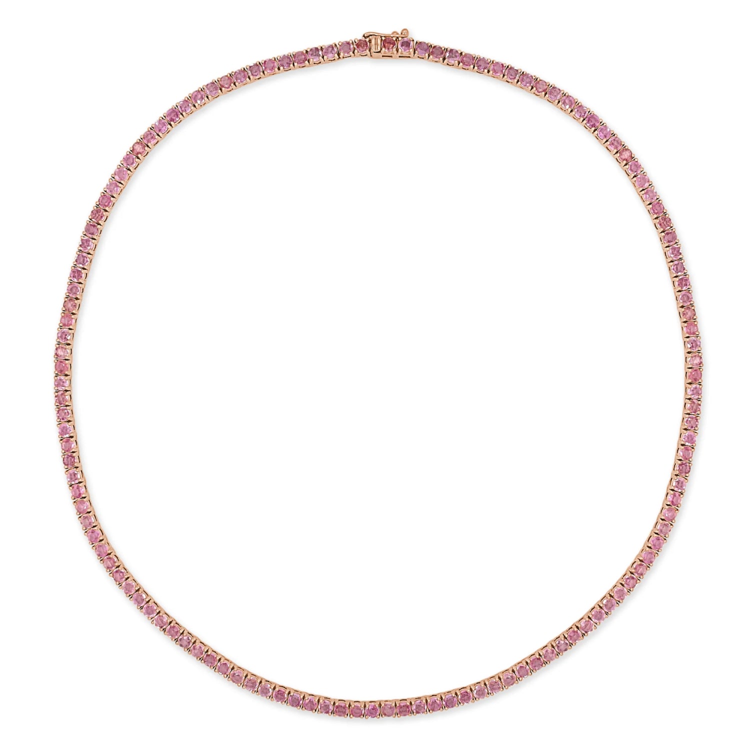 Round Cut Pink Sapphire Tennis Necklace in Rose Gold Full View