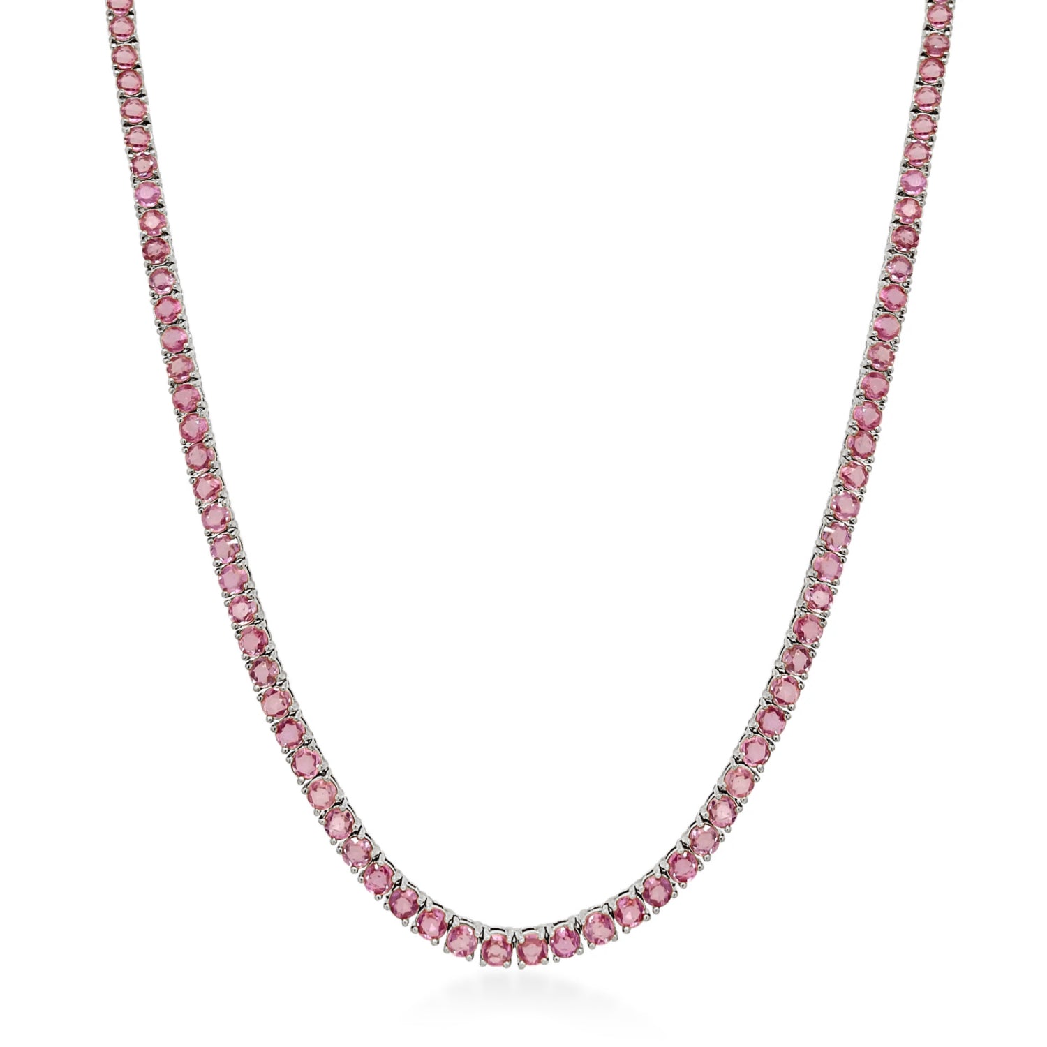 Round Cut Pink Sapphire Tennis Necklace in White Gold
