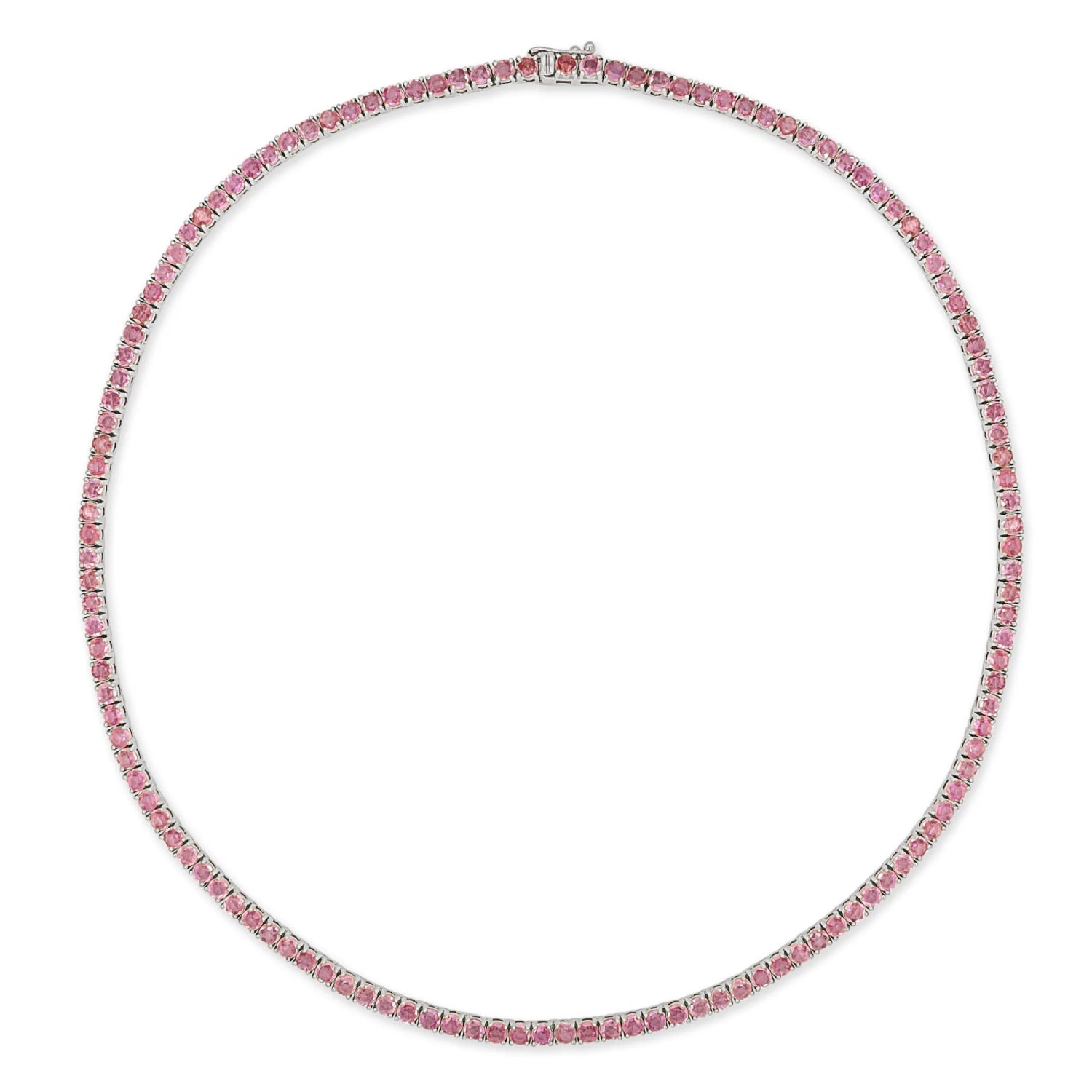 Round Cut Pink Sapphire Tennis Necklace in White Gold Full View