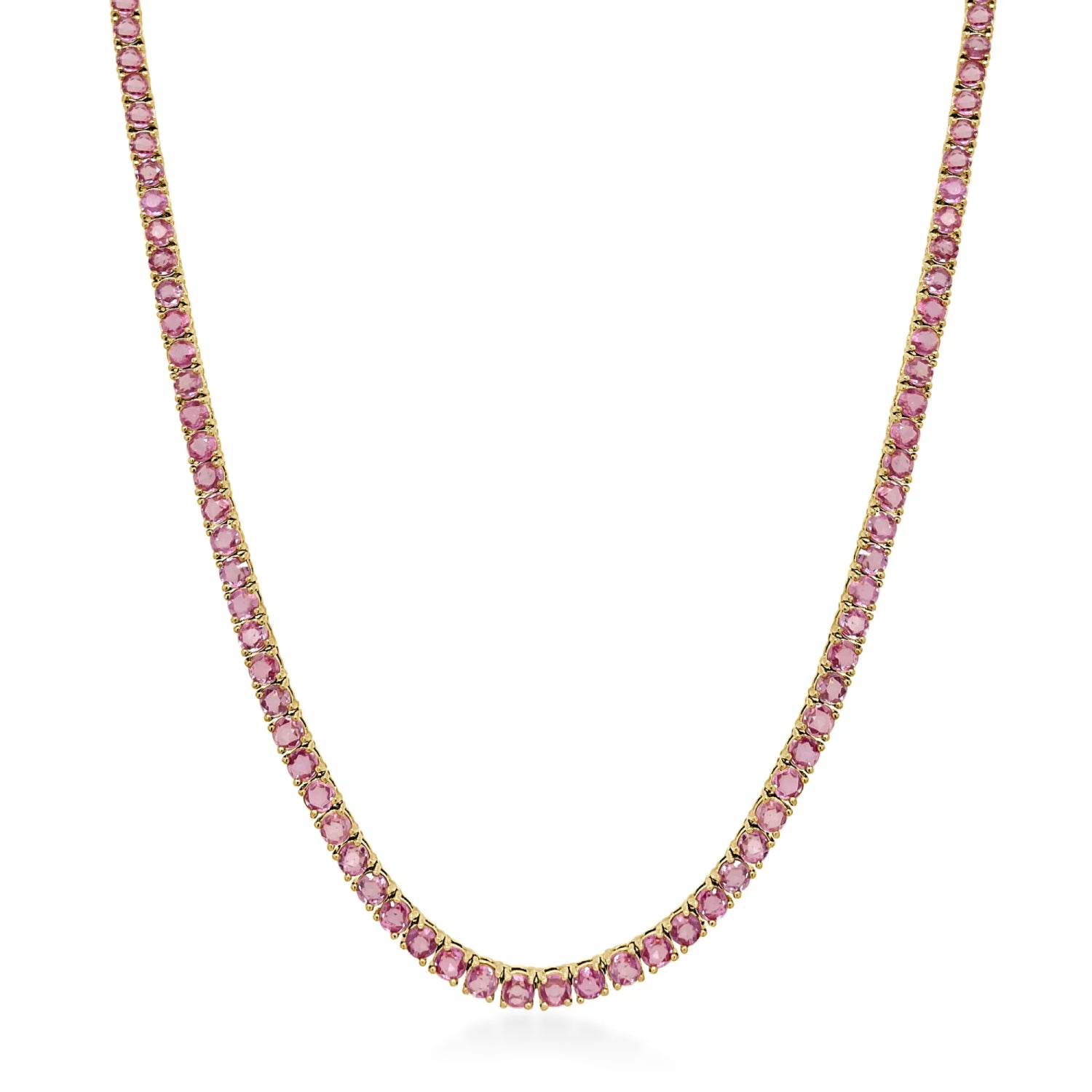 Round Cut Pink Sapphire Tennis Necklace in Yellow Gold