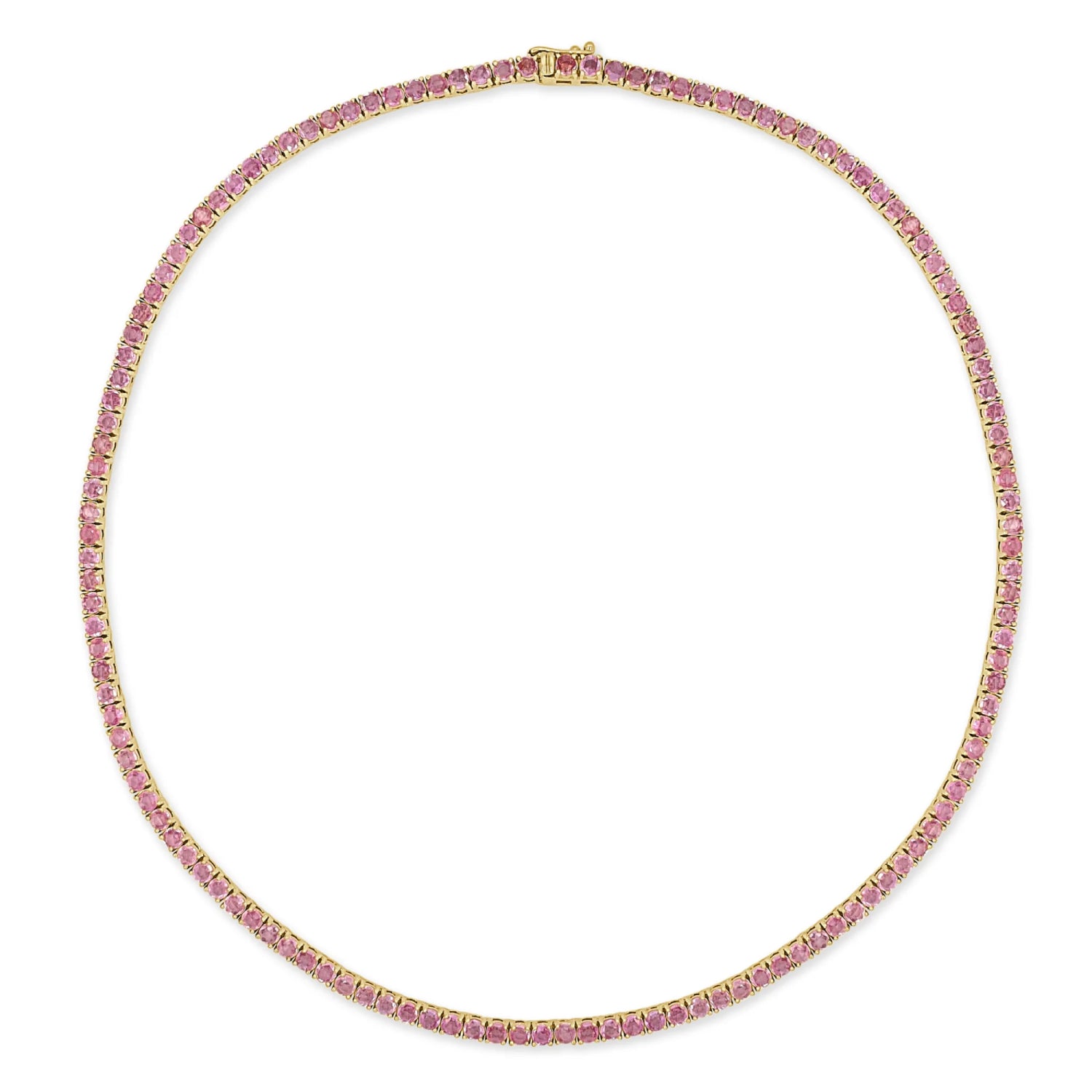 Round Cut Pink Sapphire Tennis Necklace in Yellow Gold Full View