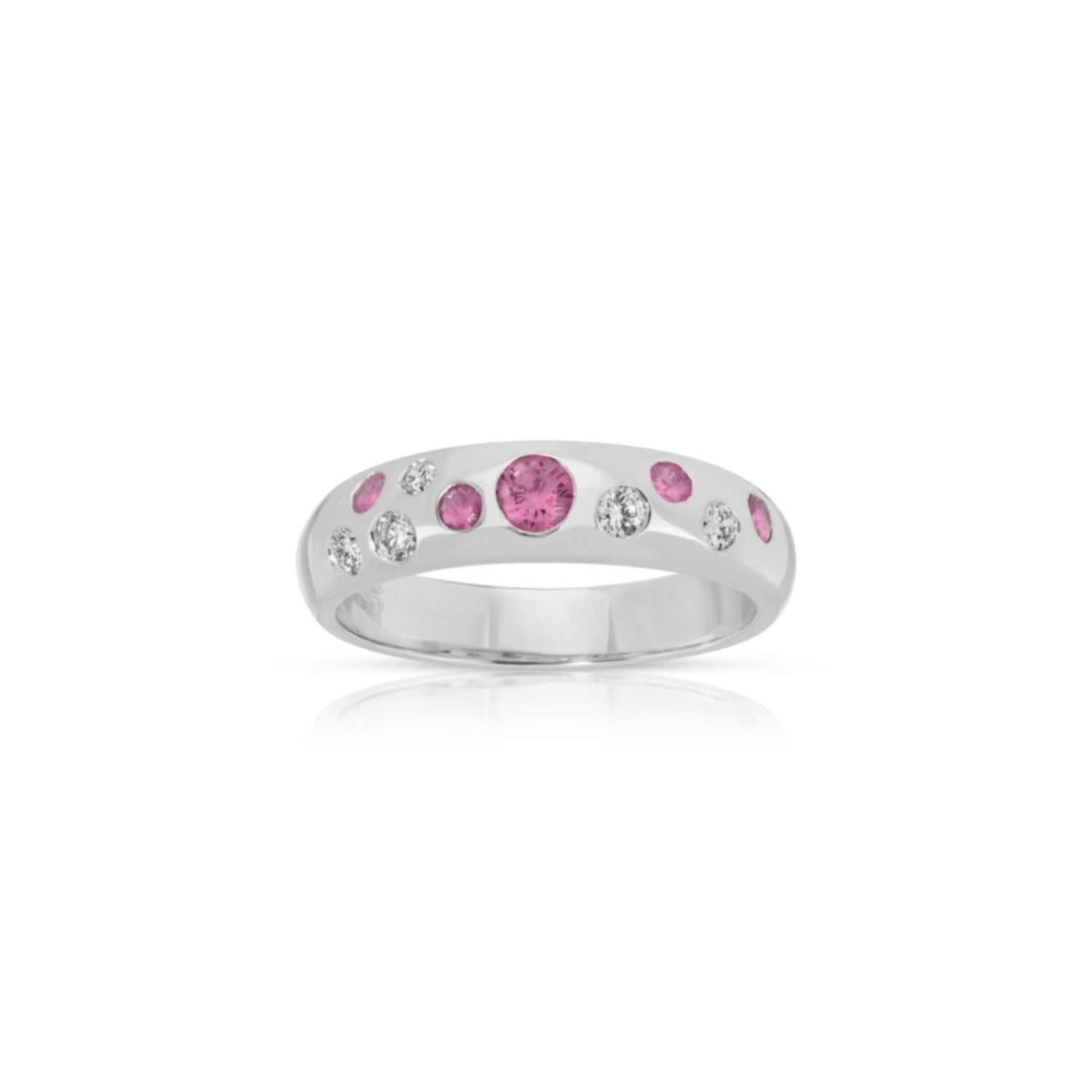 Round Cut Pink Sapphire and Diamond Dome Ring in White Gold