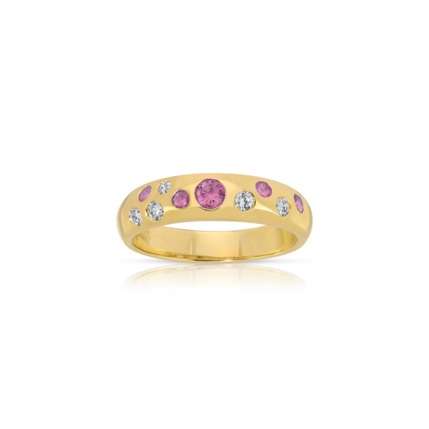 Round Cut Pink Sapphire and Diamond Dome Ring in Yellow Gold