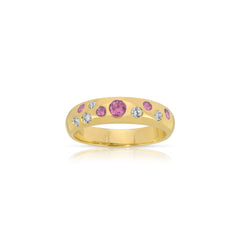 Round Cut Pink Sapphire and Diamond Dome Ring in Yellow Gold