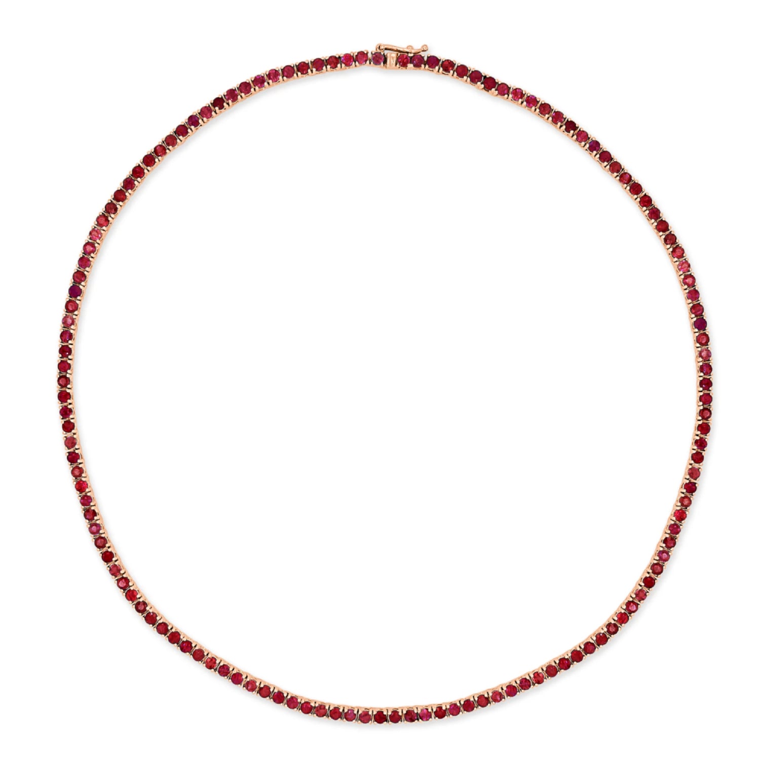 Round Cut Ruby Tennis Necklace in Rose Gold Full View