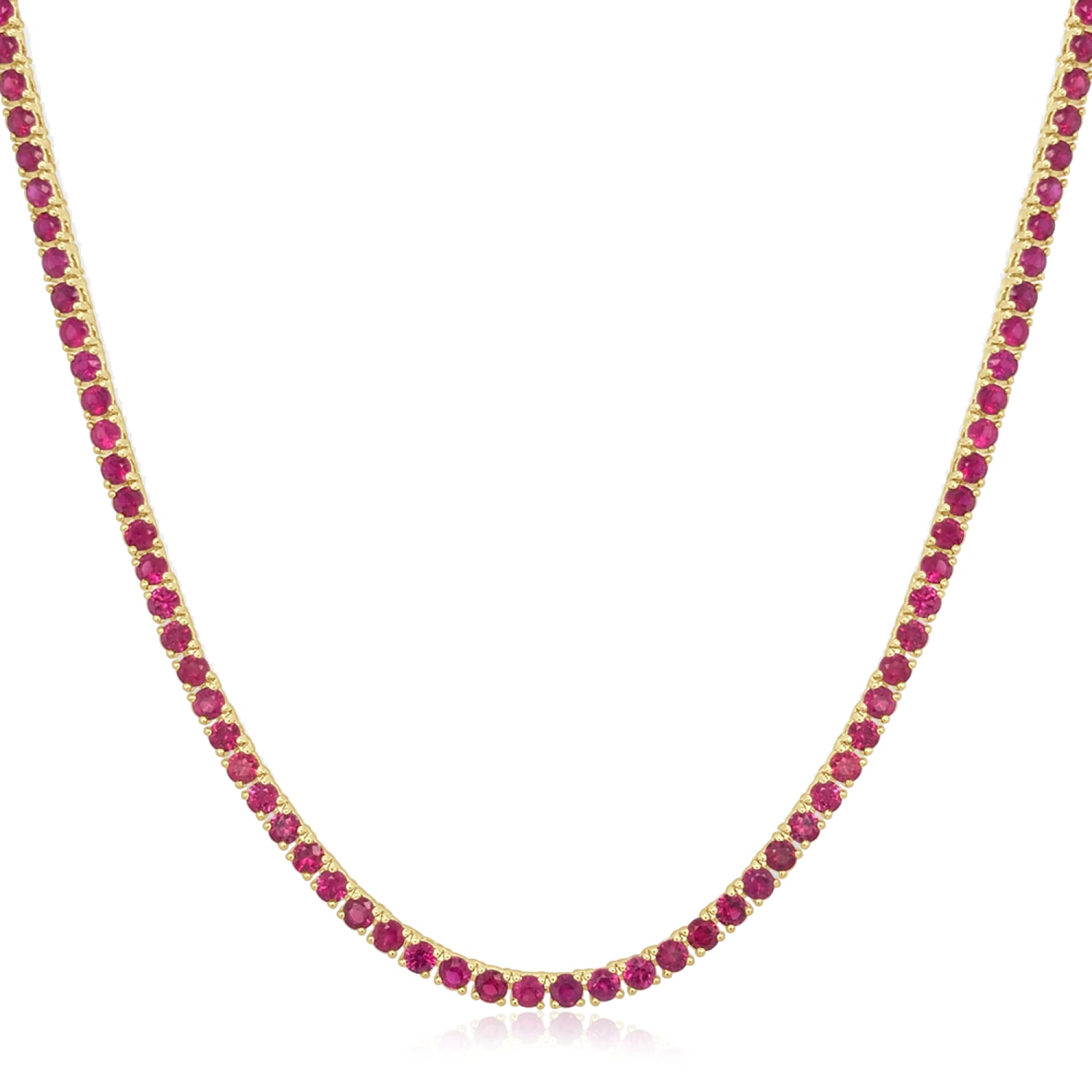 Round Cut Ruby Tennis Necklace in Yellow Gold