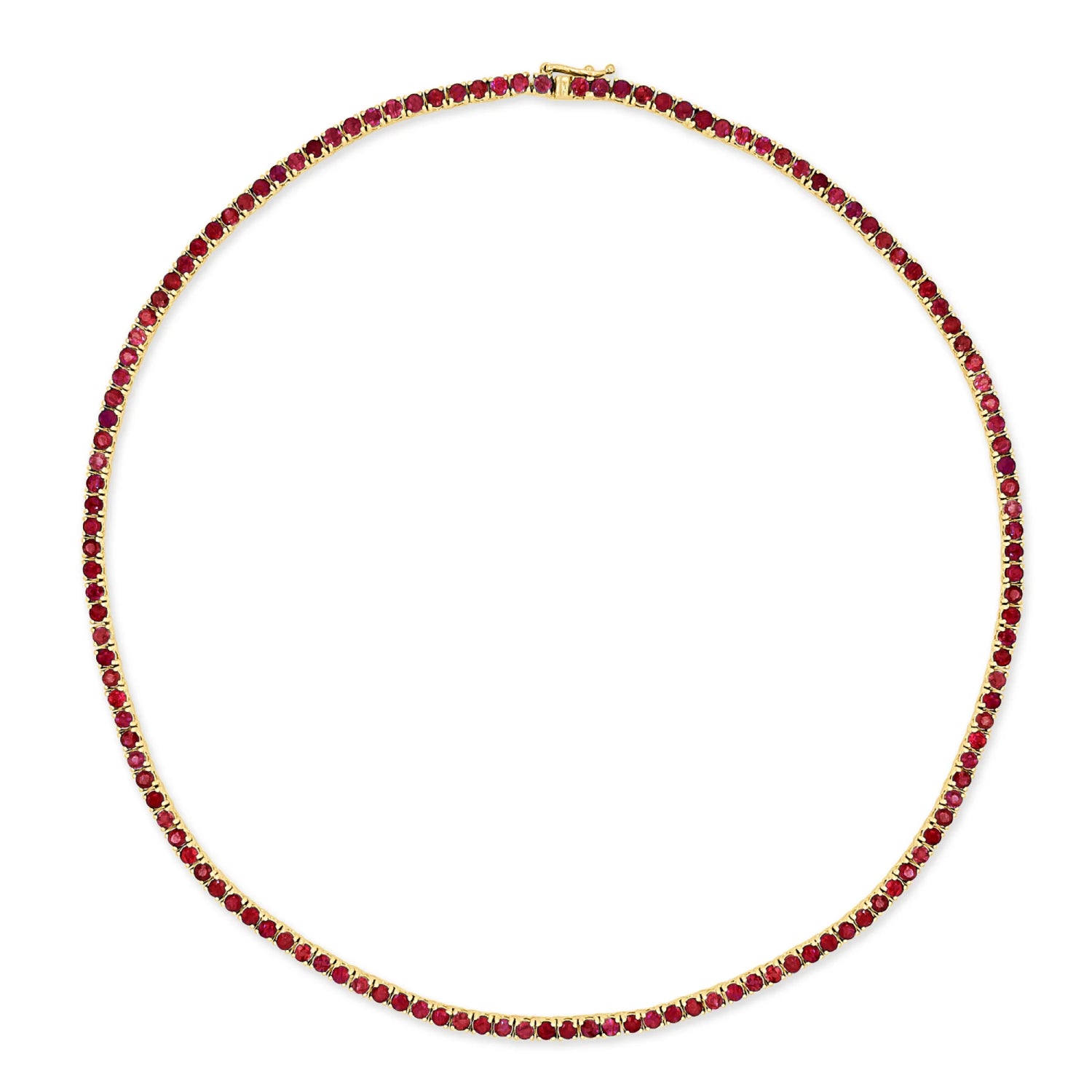 Round Cut Ruby Tennis Necklace in Yellow Gold Full View