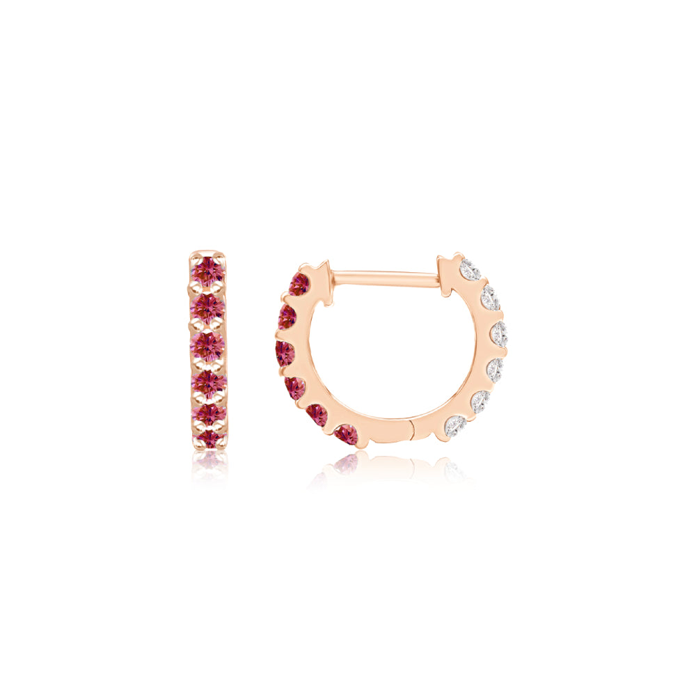 Ruby and Diamond Reversible Huggie Hoop Earrings in Rose Gold