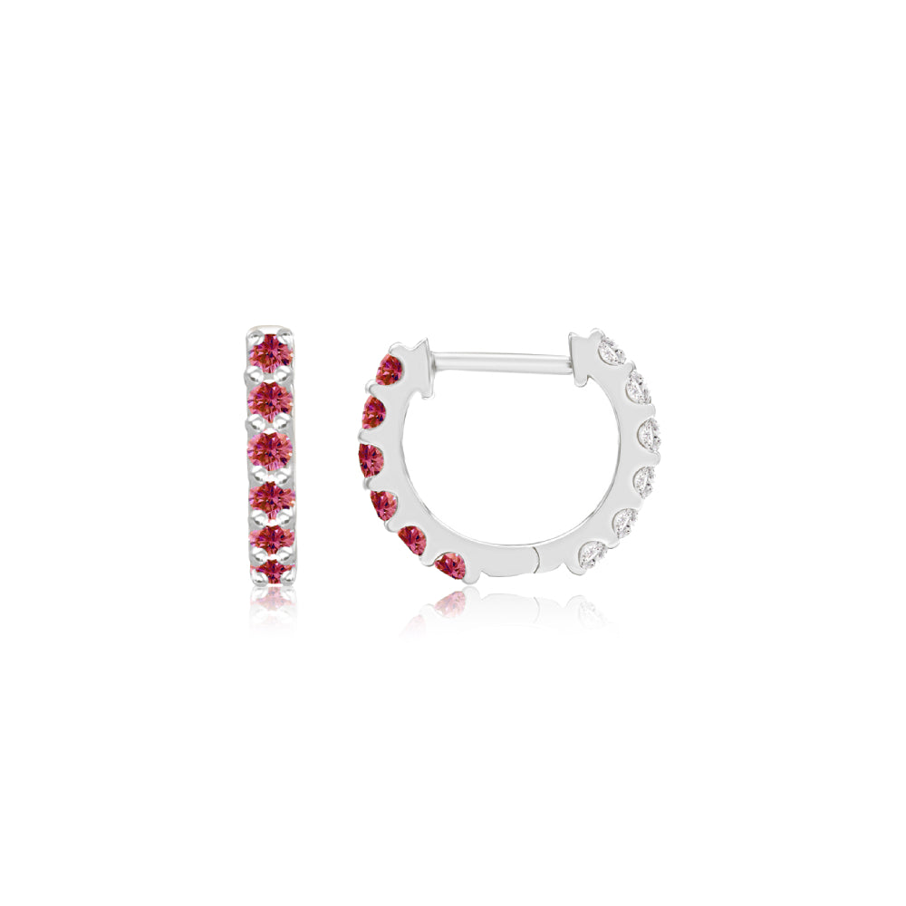 Ruby and Diamond Reversible Huggie Hoop Earrings in White Gold