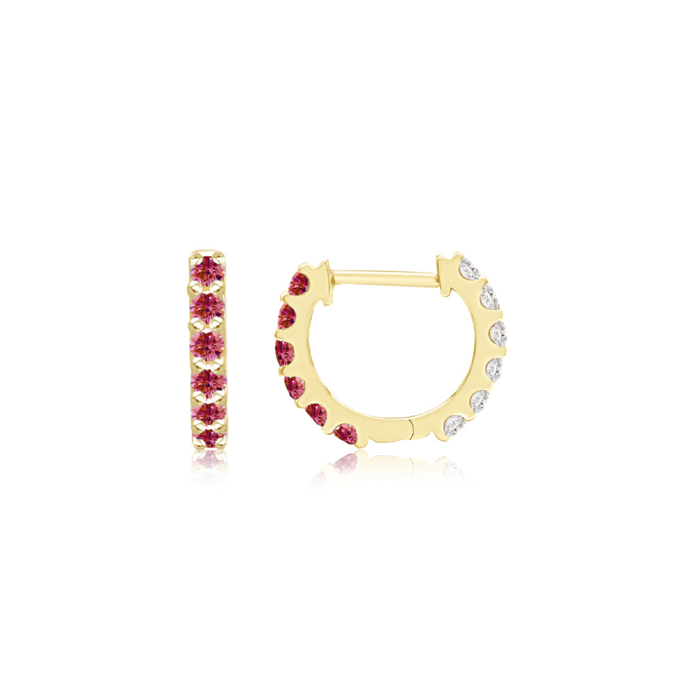 Ruby and Diamond Reversible Huggie Hoop Earrings in Yellow Gold