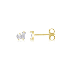 Toi et Moi Round and Baguette Cut Diamond Stud Earrings in Yellow Gold